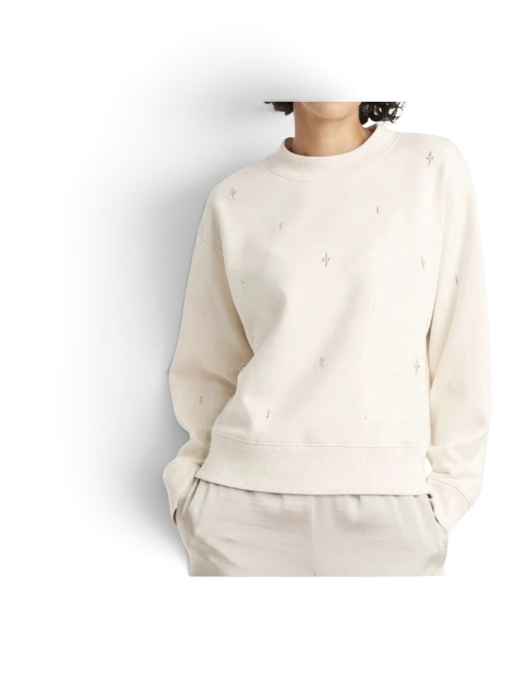 a new day Cream Crewneck Sweatshirt with Subtle Embellishments Medium